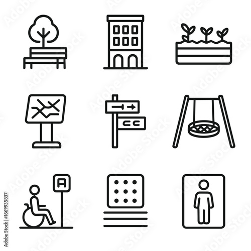 Inclusive Planning Icons. Outline icon set of community-inclusive planning: public plaza seating, mixed-use building, community