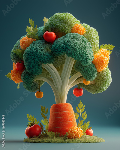 Creative Food Art Tree Made of Broccoli Carrot and Tomatoes Representing Healthy Nutrition Concept.
