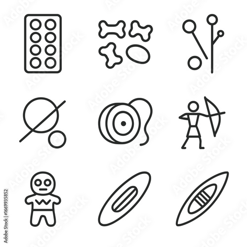 Indigenous Game Icons. Outline icon set of traditional indigenous board and hand games: mancala board, knuckle bones,
