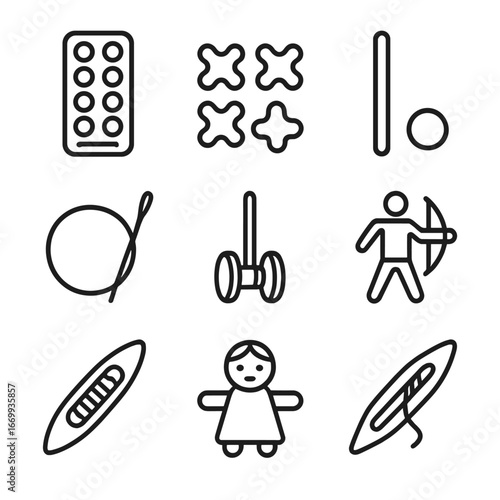 Indigenous Game Icons. Outline icon set of traditional indigenous board and hand games: mancala board, knuckle bones,