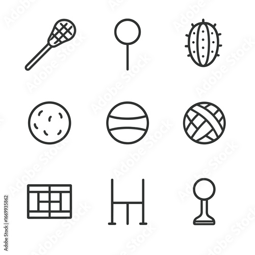Indigenous Ball Sports Icons. Outline icon set of indigenous ball sports: lacrosse stick, hoop and pole, cactus ball, seal-skin