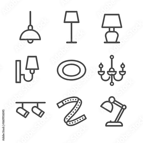 Interior Lighting Icons. Outline icon set of interior lighting fixtures: pendant lamp, floor lamp, table lamp, wall sconce,