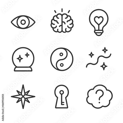 Intuitive Symbols Icons. Outline icon set of intuitive symbols: third eye, glowing brain, lightbulb over heart, crystal ball,