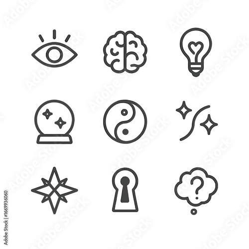 Intuitive Symbols Icons. Outline icon set of intuitive symbols: third eye, glowing brain, lightbulb over heart, crystal ball,