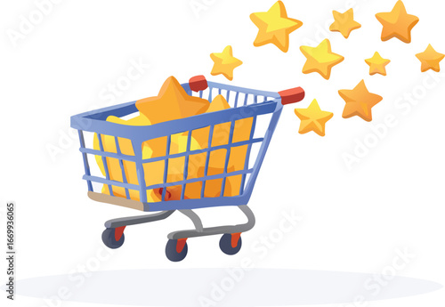 A shopping cart with colorful stars bursting out, symbolizing excitement and abundance in shopping.