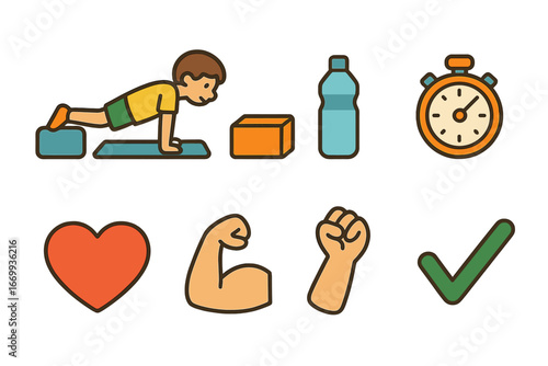 Kids Exercise Icons. Flat vector mini-illustrations Decline push-up with feet elevated in colors children's illustrations: person