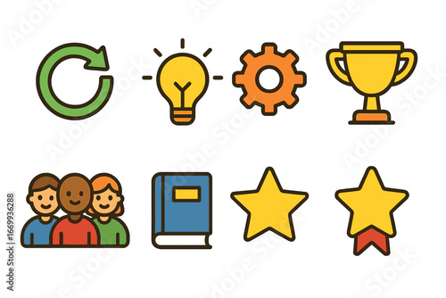 Kids' Improvement Icons. Flat vector mini-illustrations Continuous improvement culture in colors children's illustrations: cycle