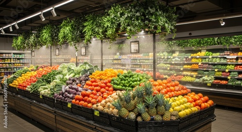Fototapeta Naklejka Na Ścianę i Meble -  Colorful fruits and vegetables misted for freshness at a grocery store produce section under hanging plants