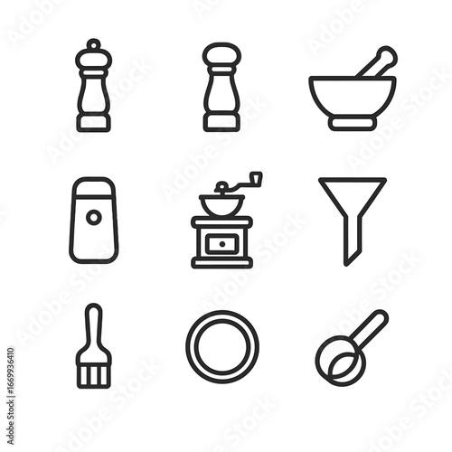 Kitchen Tool Icons. Outline icon set of grinding and storage tools: pepper mill, salt grinder, mortar & pestle, spice grinder,