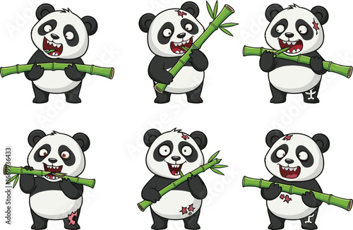 Cartoon zombie pandas holding bamboo with wounds and varied expressions, undead animal character vector illustration set for Halloween, horror, and storytelling themes