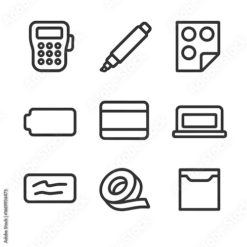 Labeling Tools Icons. Outline icon set of labeling and indexing tools: label maker, permanent marker, sticker sheet, index label,