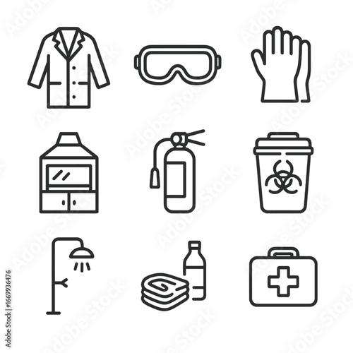 Lab Safety Icons. Outline icon set of lab safety and protocols: lab coat, safety goggles, gloves, fume hood, fire extinguisher,