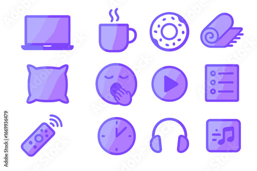 Late-Night Binge Icons. Gradient icons set of late-night binge-watching: laptop screen, coffee mug, donut, blanket, pillow,