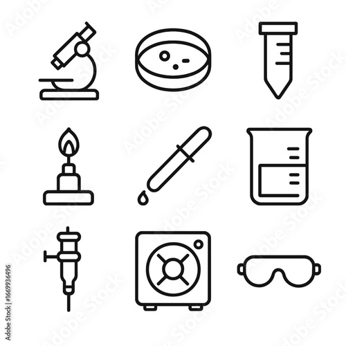 Laboratory Equipment Icons. Outline icon set of laboratory equipment and techniques: microscope, petri dish, centrifuge tube,