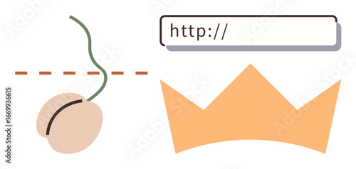 Computer mouse, HTTP bar, and crown symbolizing digital tools, accessibility, and authority. Ideal for online presence, technology, SEO royalty navigation branding user interface. Minimal