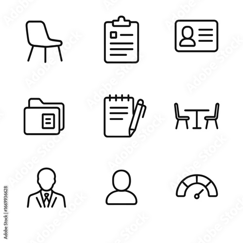 Legal Icons Set. Outline icon set of client intake and case assessment: client interview chair, intake form clipboard, ID document