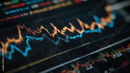 Abstract Financial Data Visualization with Colorful Line Graphs and Market Trends in a Digital Environment