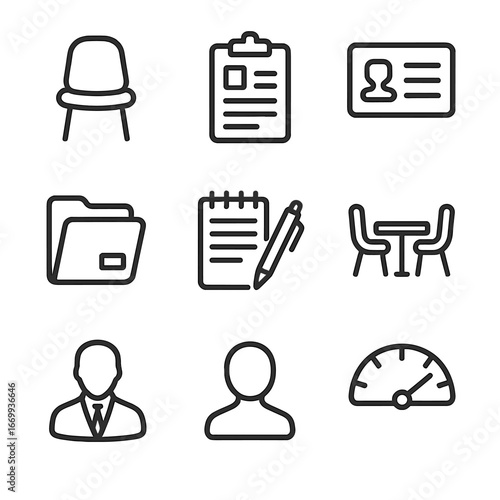 Legal Icons Set. Outline icon set of client intake and case assessment: client interview chair, intake form clipboard, ID document