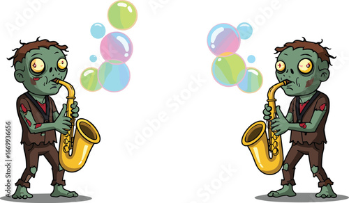 Cartoon zombie saxophone player vector set, undead musicians with bone instruments, colorful bubbles, horror music theme, funny poses, isolated illustration