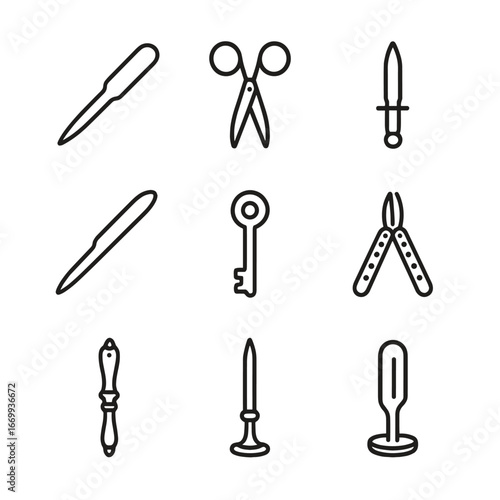 Letter Opener Icons. Outline icon set of letter opener types: straight blade opener, scissors-style opener, dagger-style opener,