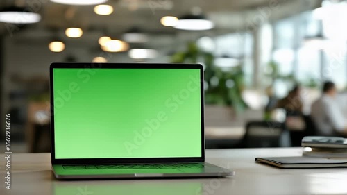 Modern Workspace with Green Laptop Screen Surrounded by Nature and Collaborative Office Environment
