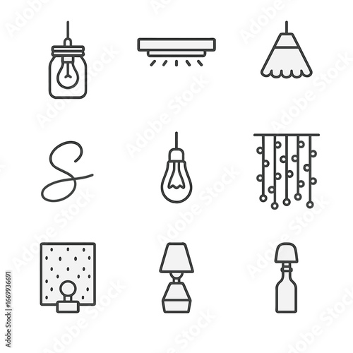 Lighting Icon Set. Outline icon set of personalized lighting ideas: mason jar pendant light, LED strip under shelf, DIY lampshade,