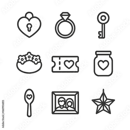 Love Symbol Icons. Outline icon set of symbolic tokens of love and thanks: heart locket, promise ring, key charm, flower crown,