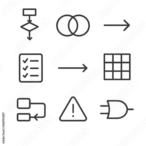 Logical Reasoning Icons. Outline icon set of logical reasoning processes: flowchart decision node, Venn diagram, if–then statement