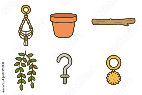Macramé Plant Hanger Set. Flat vector mini-illustrations Macramé plant hanger set in colors children's illustrations: macramé