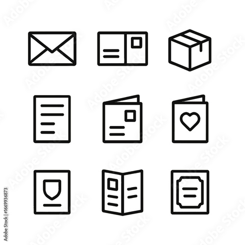 Mail Category Icons. Outline icon set of mail categories: envelope, postcard, parcel box, bill statement, catalog flyer, greeting
