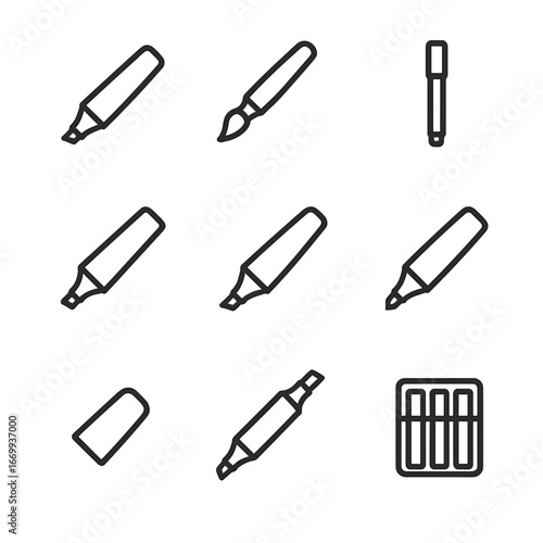 Marker Icon Set. Outline icon set of marker styles and supplies: permanent marker, brush marker, fineliner, highlighter,