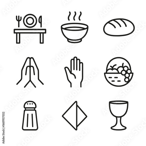 Mealtime Blessing Icons. Outline icon set of mealtime blessings: dining table, steaming bowl, bread loaf, chalice glass, hands
