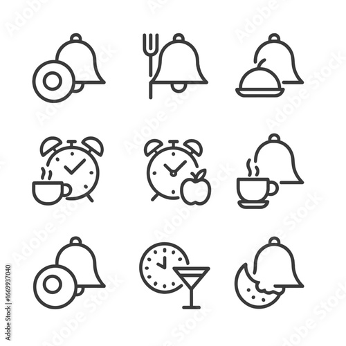 Mealtime Icons Grid. Outline icon set of mealtime reminders: breakfast bell, lunch chime, dinner notification, coffee break alarm,