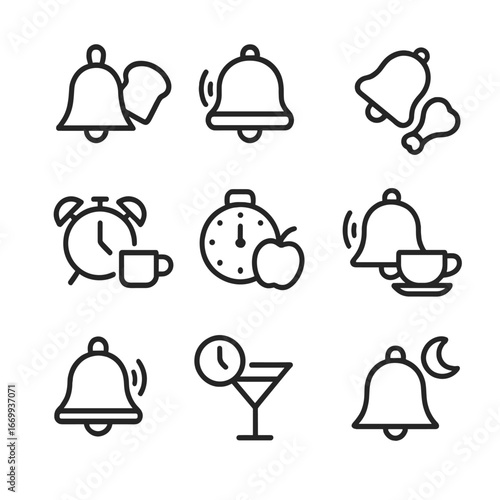 Mealtime Icons Grid. Outline icon set of mealtime reminders: breakfast bell, lunch chime, dinner notification, coffee break alarm,