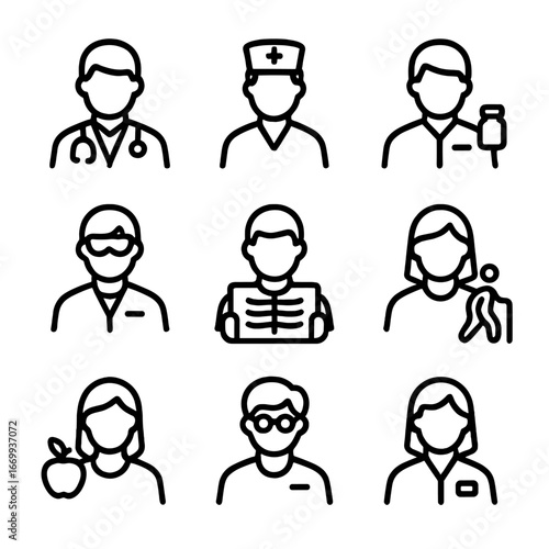 Medical Team Icons. Outline icon set of multidisciplinary medical team: doctor, nurse, pharmacist, lab technician, radiologist,
