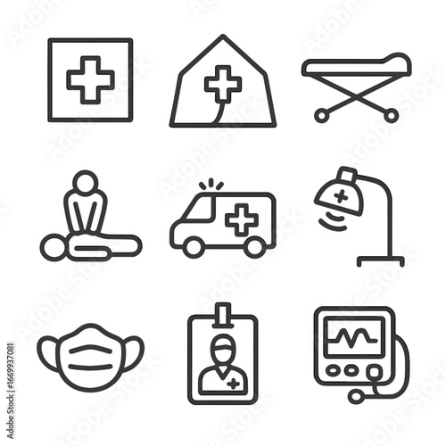 Medical Safety Icons. Outline icon set of safety and medical services: first aid station, triage tent, stretcher bed, CPR