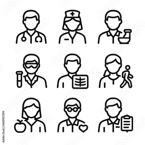 Medical Team Icons. Outline icon set of multidisciplinary medical team: doctor, nurse, pharmacist, lab technician, radiologist,