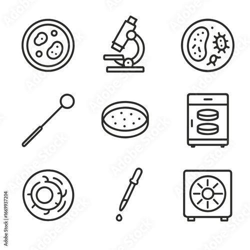 Microbiology Icon Grid. Outline icon set of microbiology research: petri dish with culture, microscope, bacterial colony,