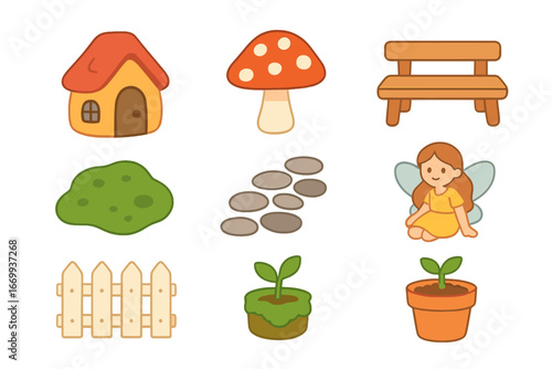 Miniature Fairy Garden Icons. Flat vector mini-illustrations Miniature fairy garden decor in colors children's illustrations: tiny