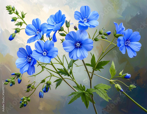 Delicate Blue Wildflowers on Slender Green Stem – Isolated Botanical PNG