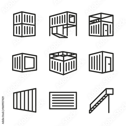 Modular Gallery Icons. Outline icon set of modular gallery architecture: stacked container modules, entrance ramp, mezzanine