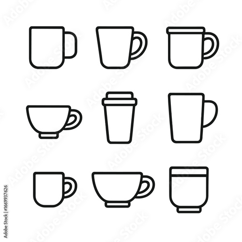 Mug and Cup Icons. Outline icon set of mug and cup styles: ceramic mug, glass cup, enamel mug, porcelain teacup, travel tumbler,