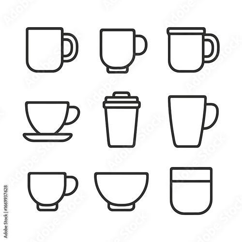 Mug and Cup Icons. Outline icon set of mug and cup styles: ceramic mug, glass cup, enamel mug, porcelain teacup, travel tumbler,