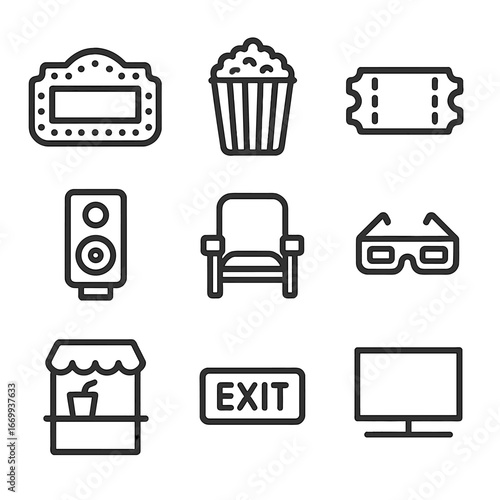 Movie Theater Icons. Outline icon set of movie theater elements: marquee sign, popcorn bucket, ticket stub, sound speaker, cinema
