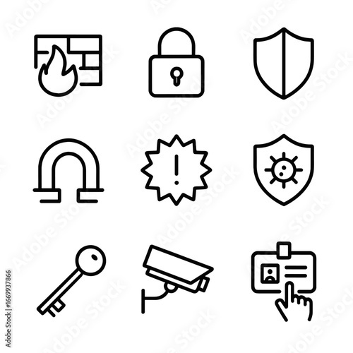 Network Security Icons. Outline icon set of network security measures: firewall wall, padlock, shield, VPN tunnel, intrusion