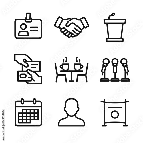 Networking Icons Set. Outline icon set of professional networking events: nametag badge, networking handshake, keynote podium,