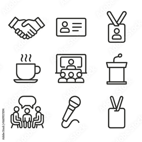 Networking Event Icons. Outline icon set of professional networking events: handshake, business card, name badge, coffee cup,