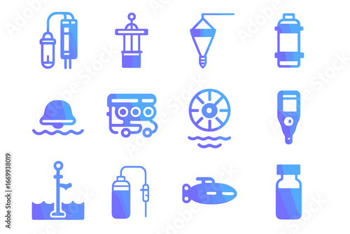 Oceanographic Equipment Icons. Gradient icons set of oceanographic research equipment: CTD profiler, sediment corer, plankton net,