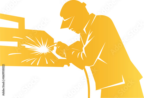 Welder at work golden silhouette with sparks, vector design