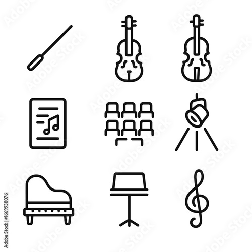 Orchestral Icon Grid. Outline icon set of orchestral game score themes: conductor’s baton, violin, cello, sheet music, orchestra